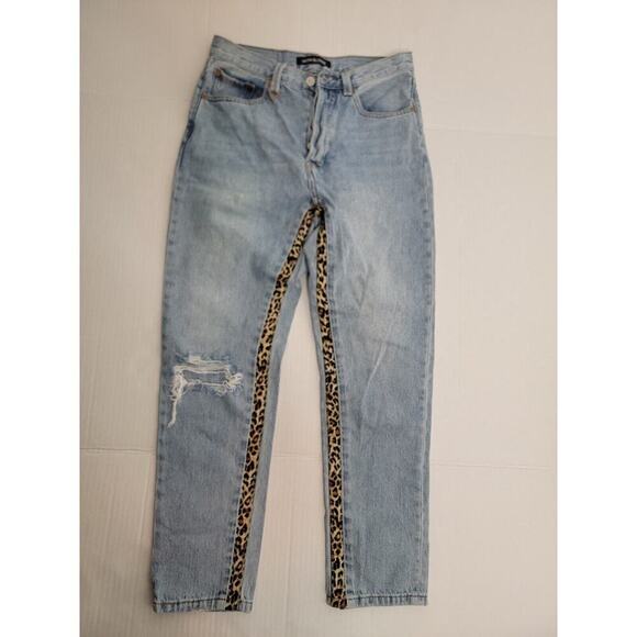 NEON BLONDE Light Blue Straight Leg Jeans with Leopard Detail - Picture 3 of 15
